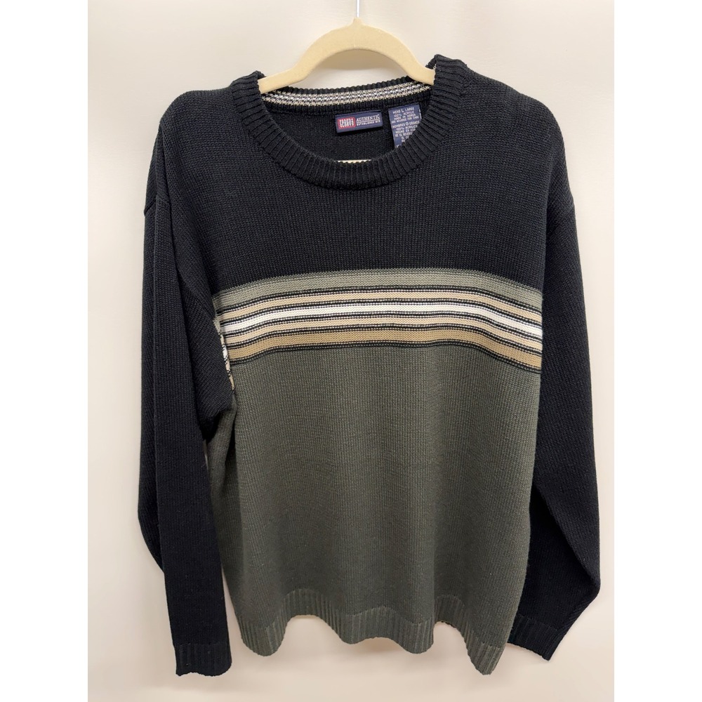 Faded Glory Mens Crew Neck Black Striped Sweater Large Fisherman‎ Grandpa Y2K